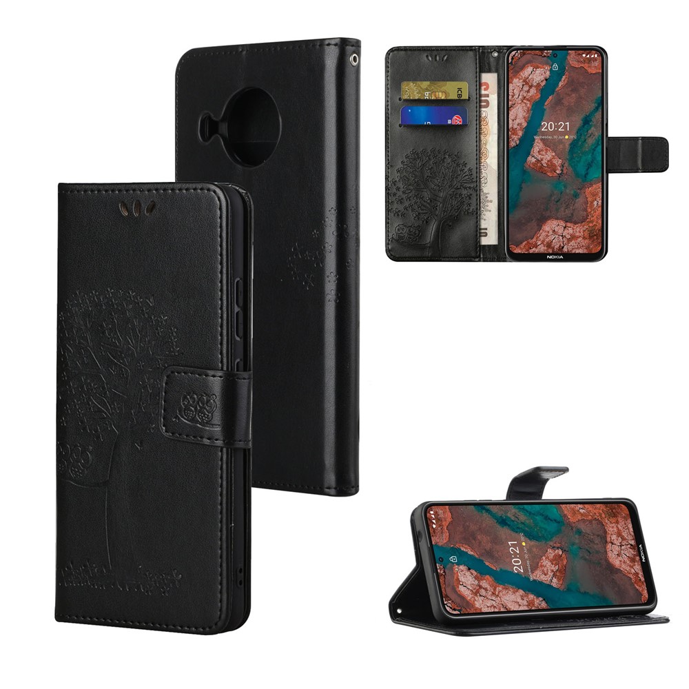 Wallet Design Leather Stand Phone Cover Case with Owl Tree Pattern Imprint for Nokia X10/X20 - Black-7