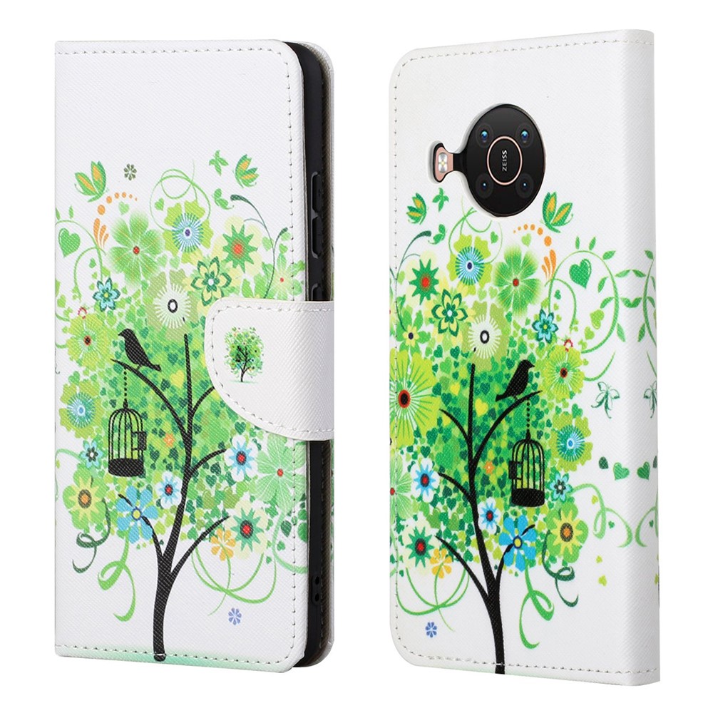 New Pattern Printing Wallet Design Cross Texture Leather Phone Stand Case for Nokia X10/X20 - Green Tree-1