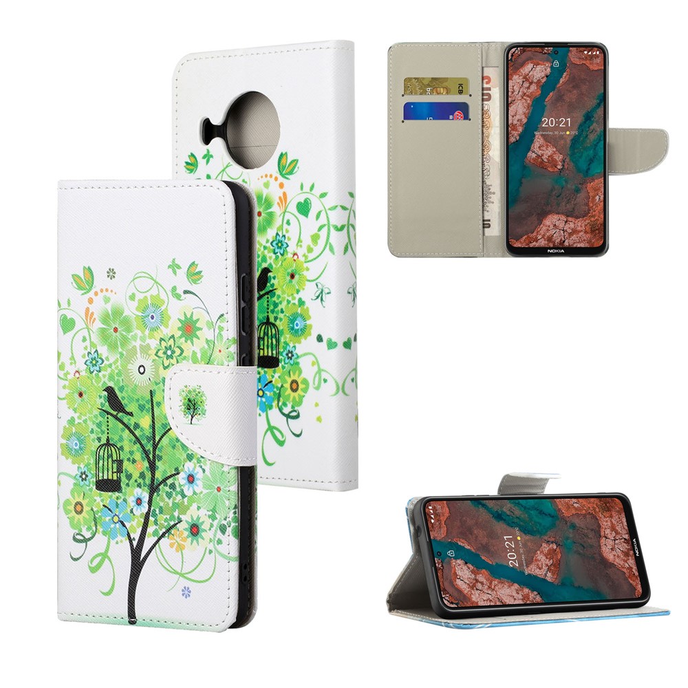 New Pattern Printing Wallet Design Cross Texture Leather Phone Stand Case for Nokia X10/X20 - Green Tree-7