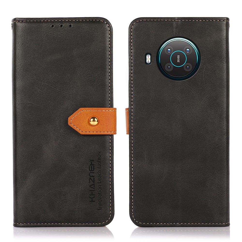 KHAZNEH Golden Magnetic Clasp Wallet Design Dual Color Leather Phone Case with Stand for Nokia X10/X20 - Black-1