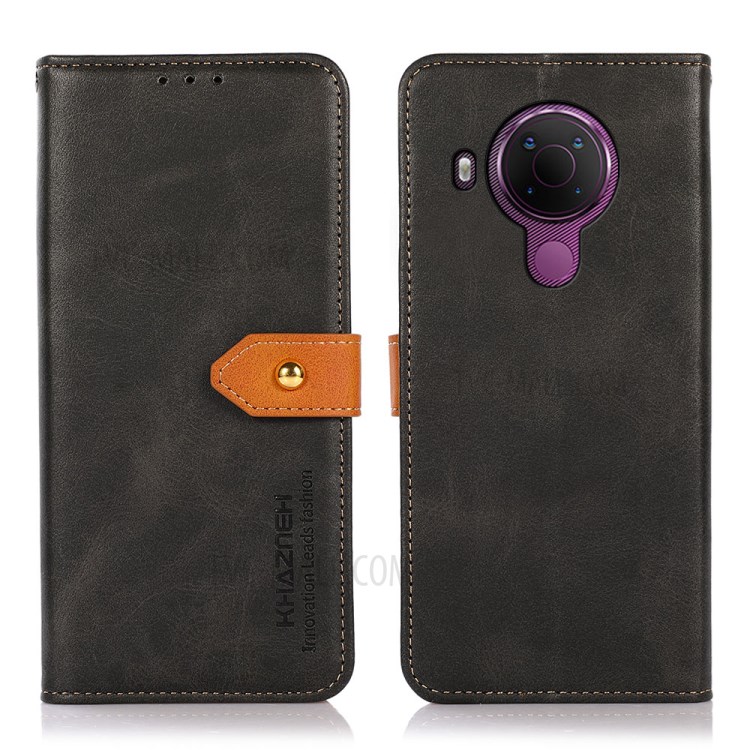 KHAZNEH Golden Magnetic Clasp Design Dual Color Leather Phone Stand Case with Wallet for Nokia 5.4 - Black-1