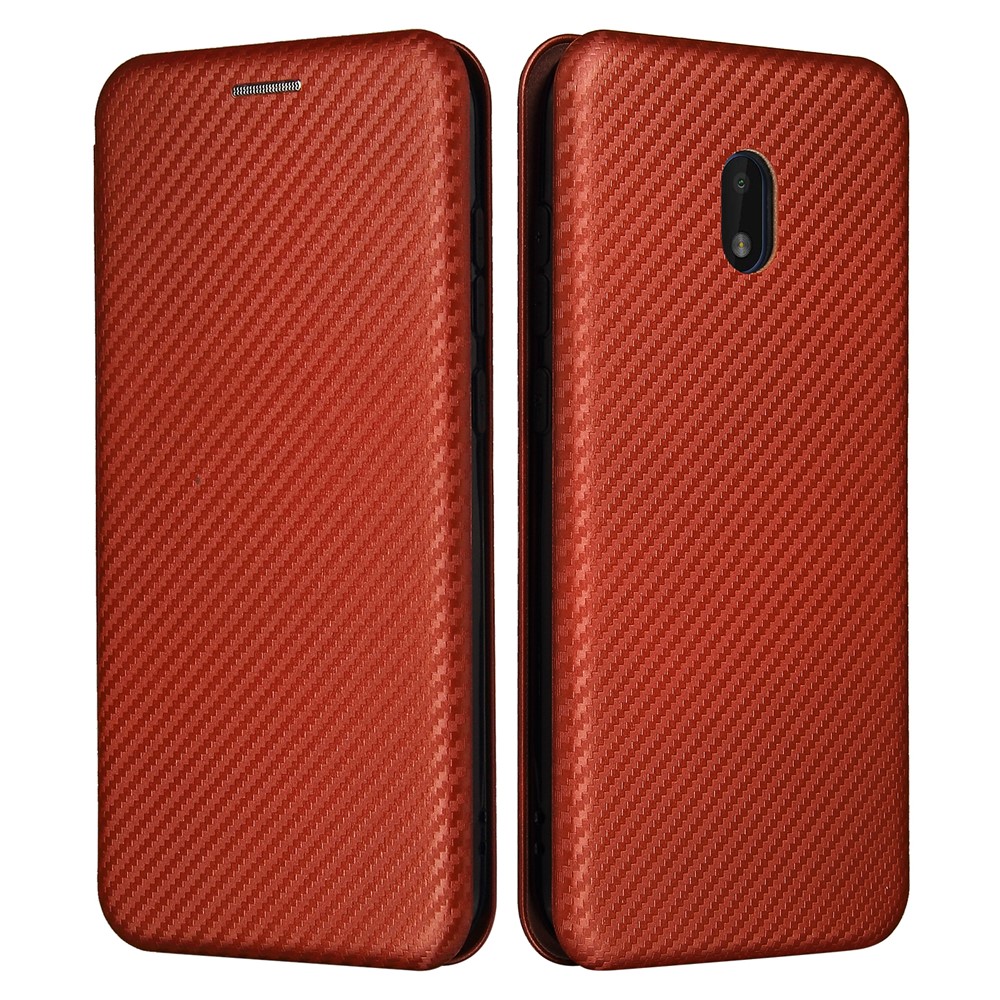 Carbon Fiber Texture Leather Automatic Absorption Case with Card Slot and Ring Strap for Nokia C1 Plus - Orange-1