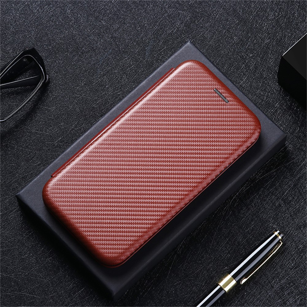 Carbon Fiber Texture Leather Automatic Absorption Case with Card Slot and Ring Strap for Nokia C1 Plus - Orange-11