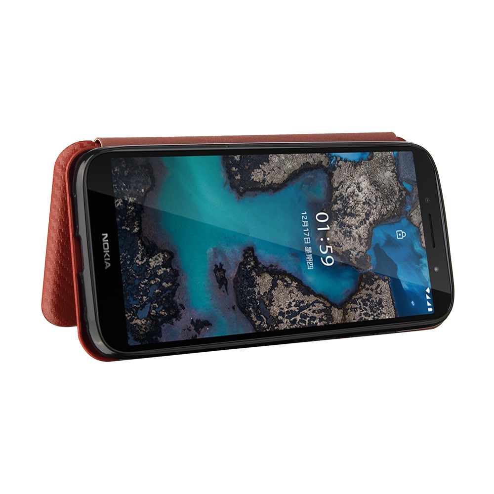 Carbon Fiber Texture Leather Automatic Absorption Case with Card Slot and Ring Strap for Nokia C1 Plus - Orange-4