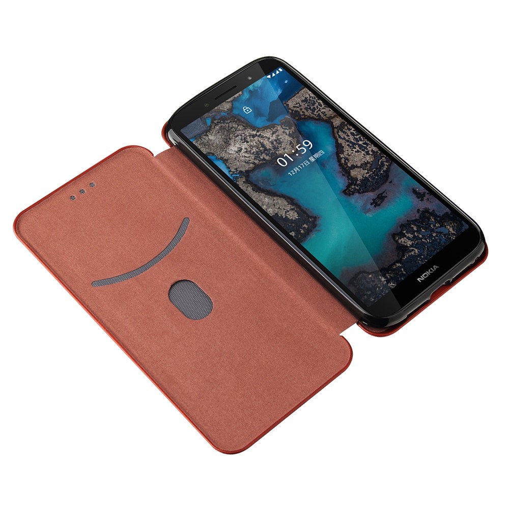Carbon Fiber Texture Leather Automatic Absorption Case with Card Slot and Ring Strap for Nokia C1 Plus - Orange-6
