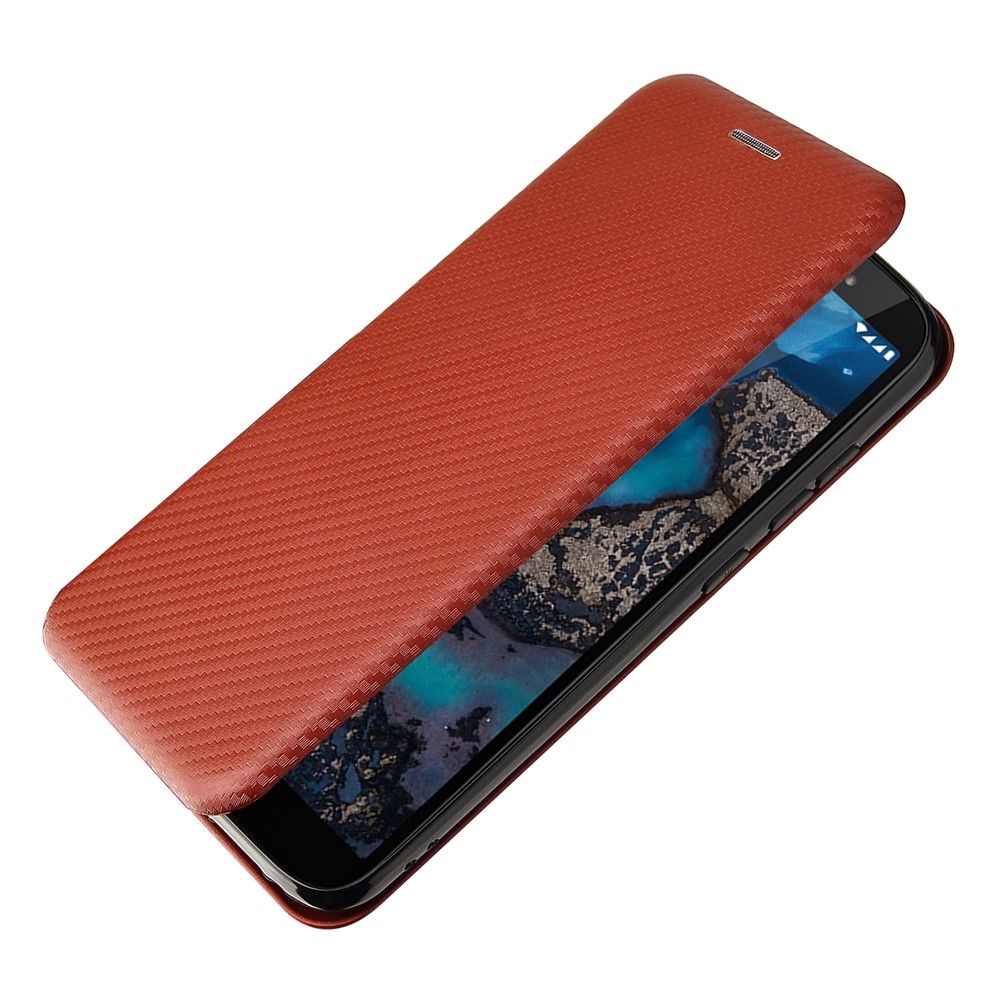 Carbon Fiber Texture Leather Automatic Absorption Case with Card Slot and Ring Strap for Nokia C1 Plus - Orange-7