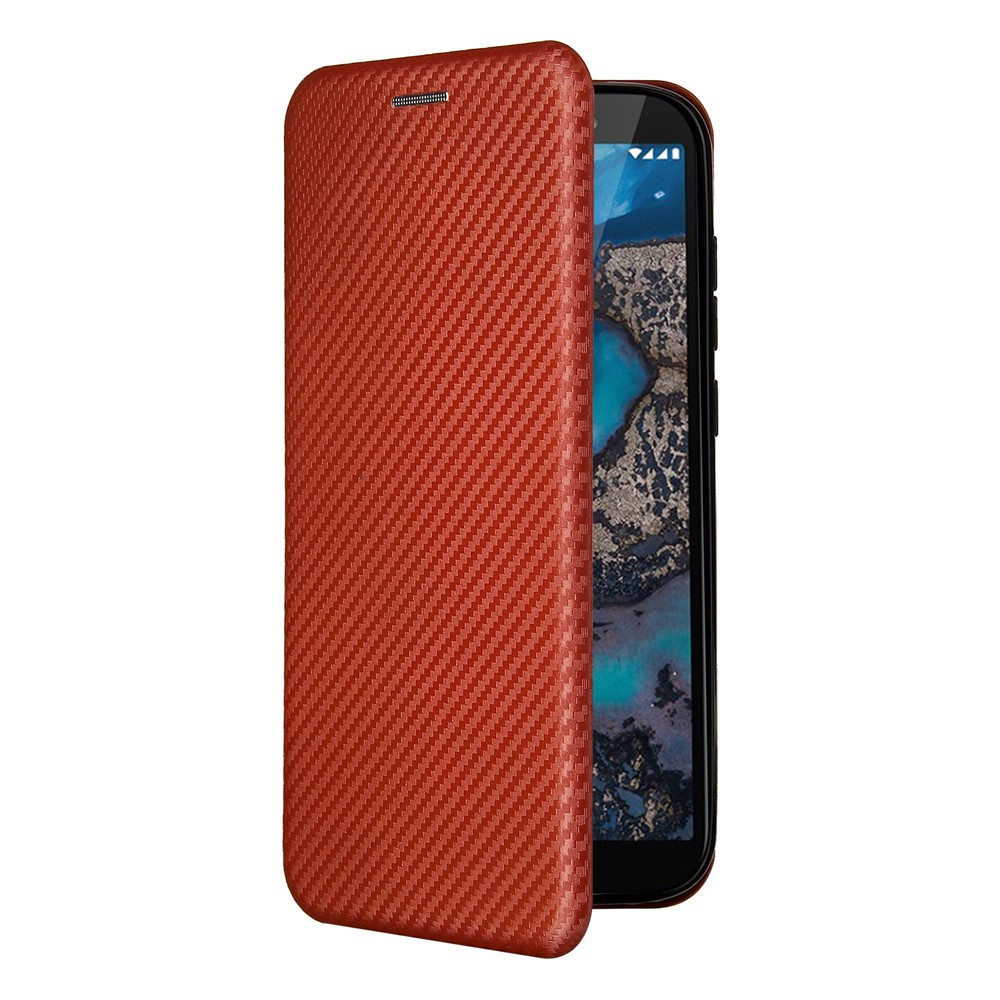 Carbon Fiber Texture Leather Automatic Absorption Case with Card Slot and Ring Strap for Nokia C1 Plus - Orange-8