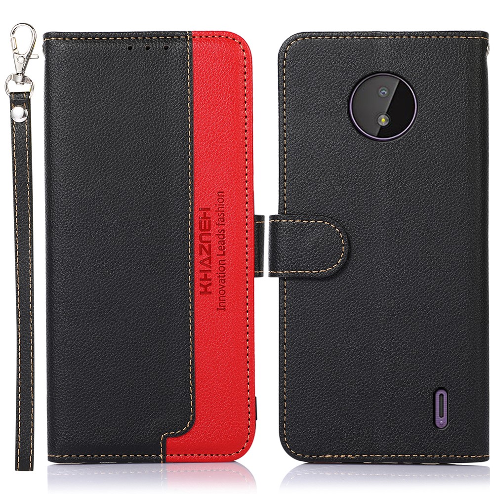 KHAZNEH Anti-theft Swiping Design Litchi Texture Leather Wallet Phone Case Shell for Nokia C10/C20 - Black-1