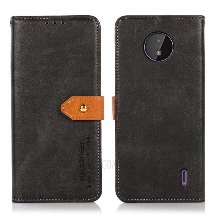 KHAZNEH Leather Wallet Phone Stand Case Shell with Golden Magnetic Clasp for Nokia C10/C20 - Black-1