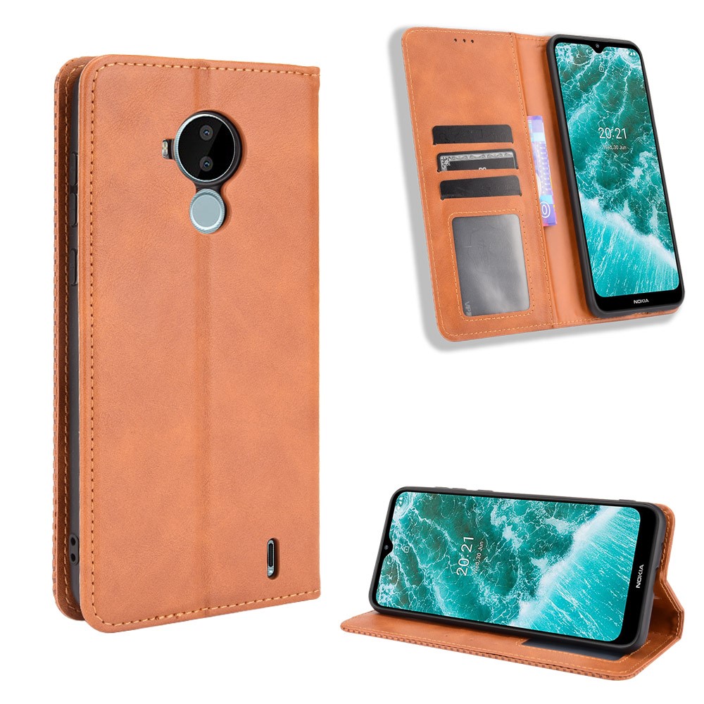 For Nokia C30 Retro Textured Surface Phone Leather Case Shockproof Leather Phone Wallet Stand Cover - Brown-9