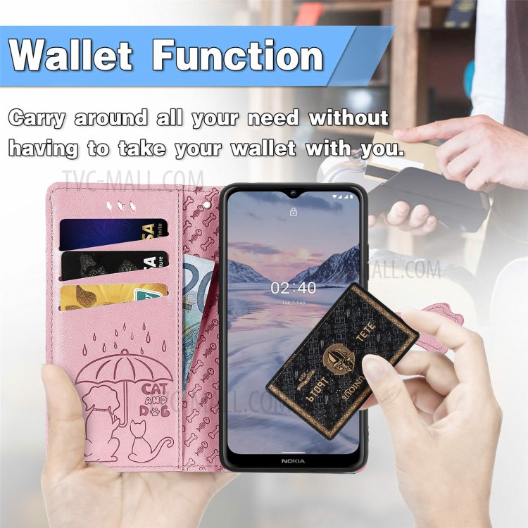 Cat Dog Pattern Imprint Dual-Sided Magnetic Clasp PU Leather Wallet Stand Scratch-Resistant Phone Cover for Nokia 2.4 - Pink-6