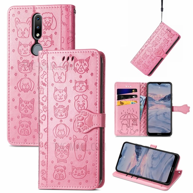 Cat Dog Pattern Imprint Dual-Sided Magnetic Clasp PU Leather Wallet Stand Scratch-Resistant Phone Cover for Nokia 2.4 - Pink-8