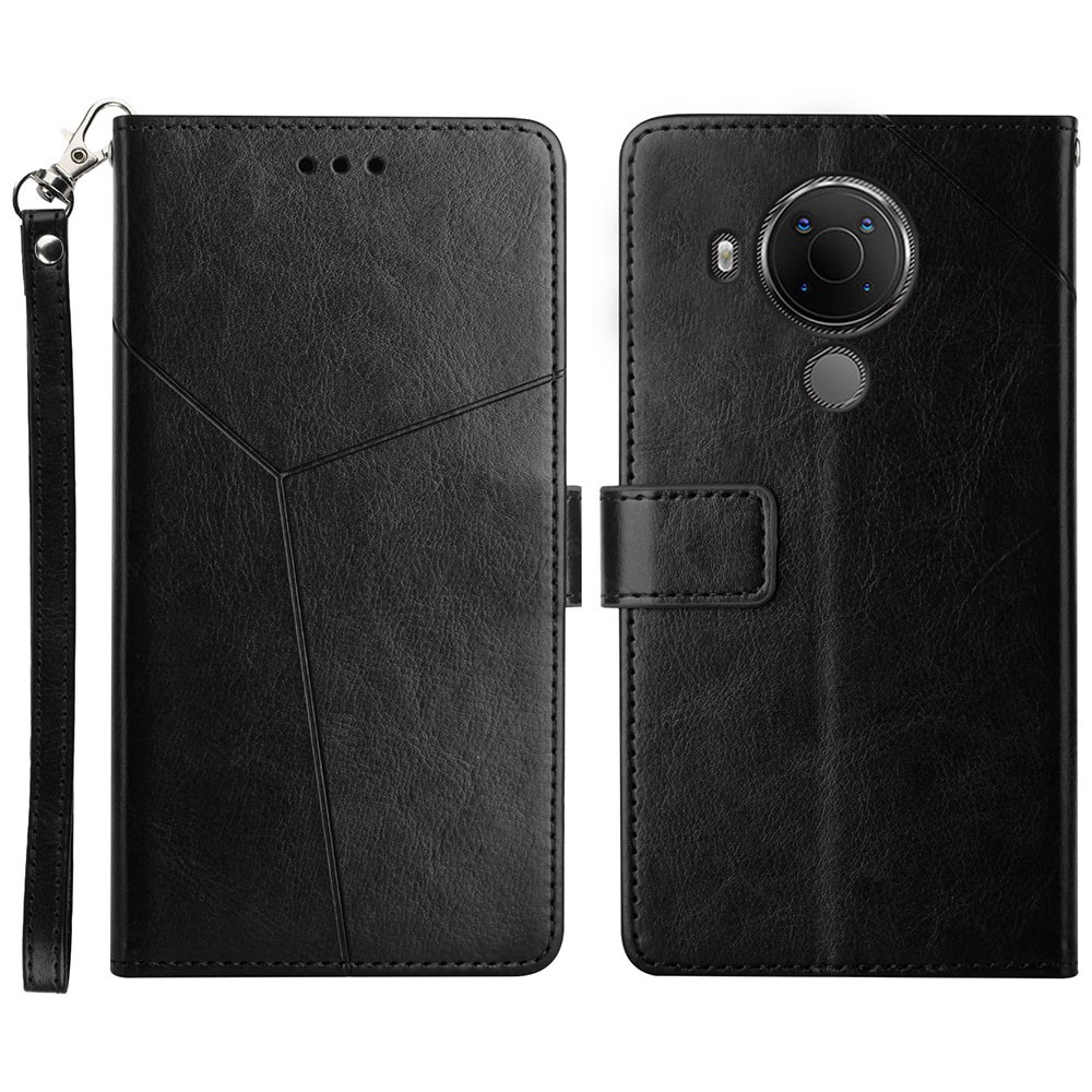 Scratch Resistant PU Leather Phone Case Stylish Y-shaped Line Imprinting Wallet Shell Stand Cover for Nokia 5.4 - Black-1