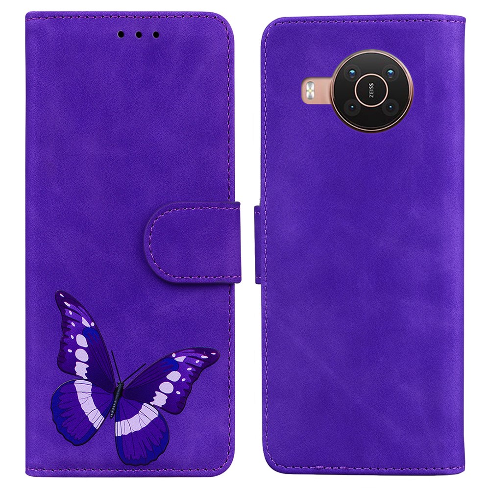 Skin-touch PU Leather Big Butterfly Printing Wallet Stand Flip Shockproof Protective Phone Case for Nokia X10 / X20 - Purple-1
