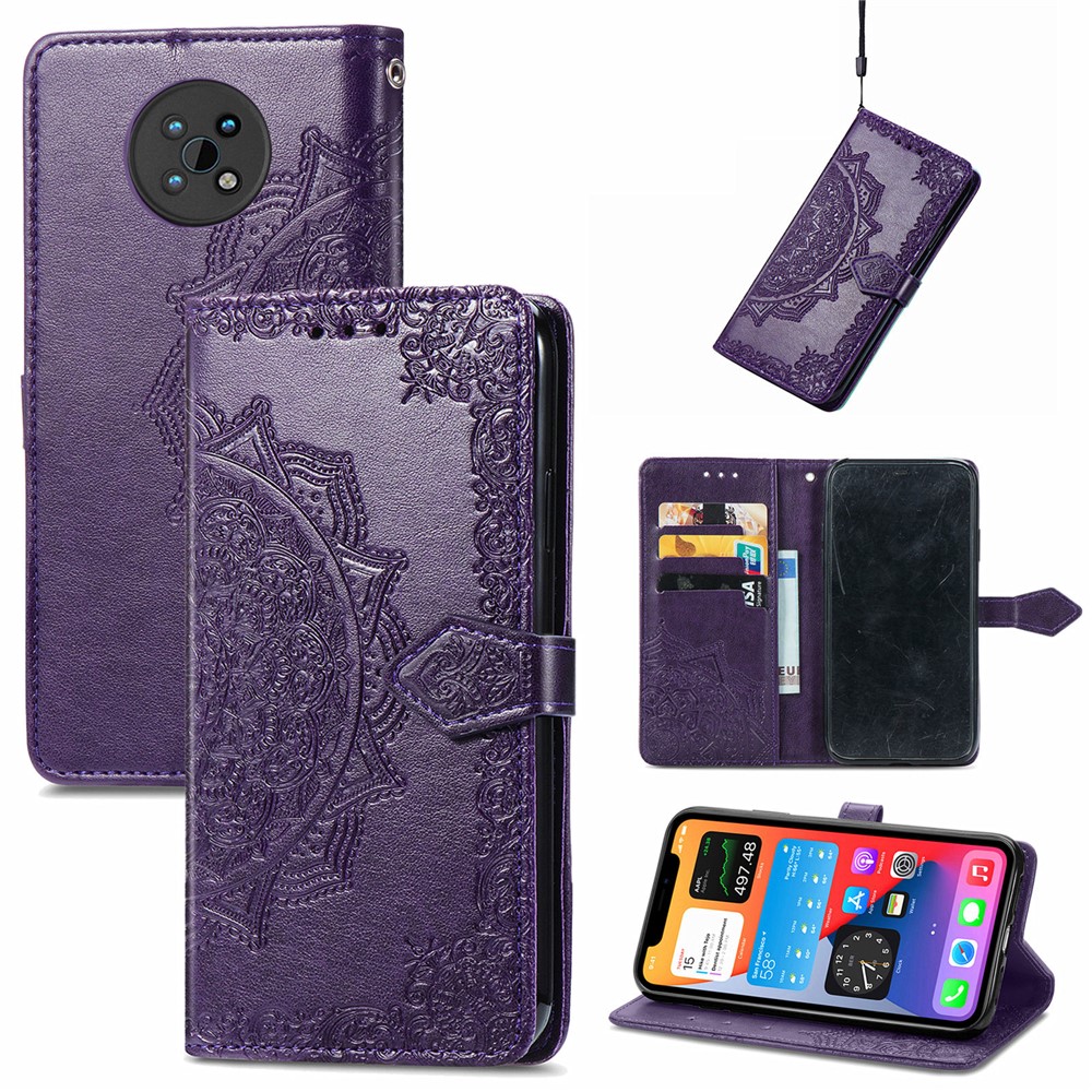 Protective Cover Mandala Flower Embossment Leather Magnetic Clasp Anti-Drop Wallet Stand Phone Case for Nokia G50 - Purple-6