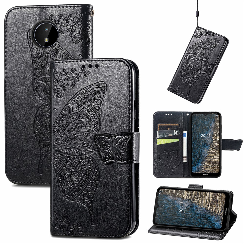 For Nokia C20 Phone Case Stylish Imprinting Butterfly Flower Pattern Wallet Stand Phone Case Leather Cover - Black-11