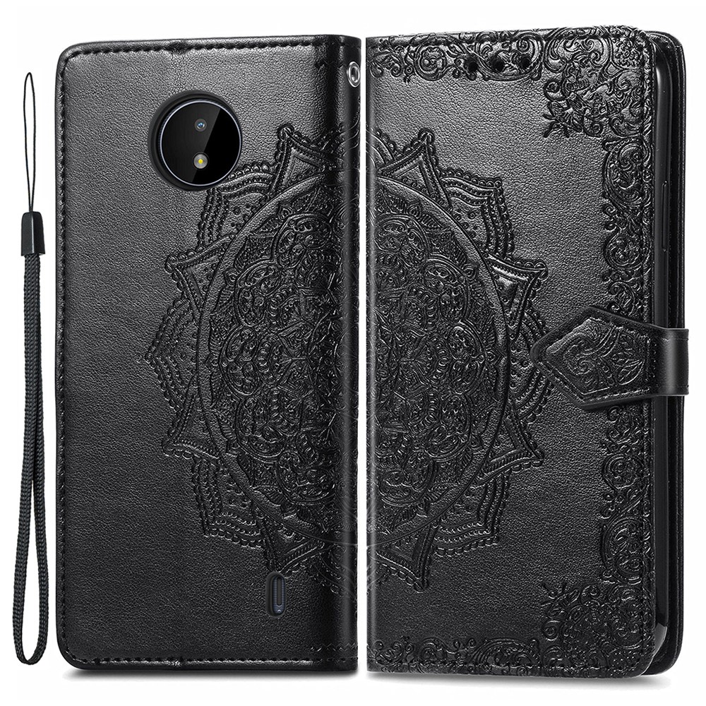 Mandala Flower Embossment Leather Dual-Sided Magnetic Clasp Anti-Drop Wallet Stand Phone Case Protective Cover for Nokia C20 - Black-1