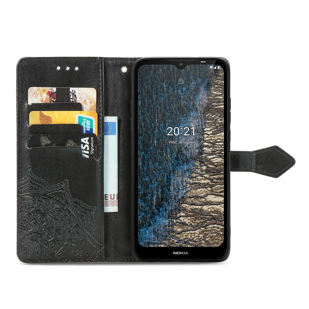 Mandala Flower Embossment Leather Dual-Sided Magnetic Clasp Anti-Drop Wallet Stand Phone Case Protective Cover for Nokia C20 - Black-4