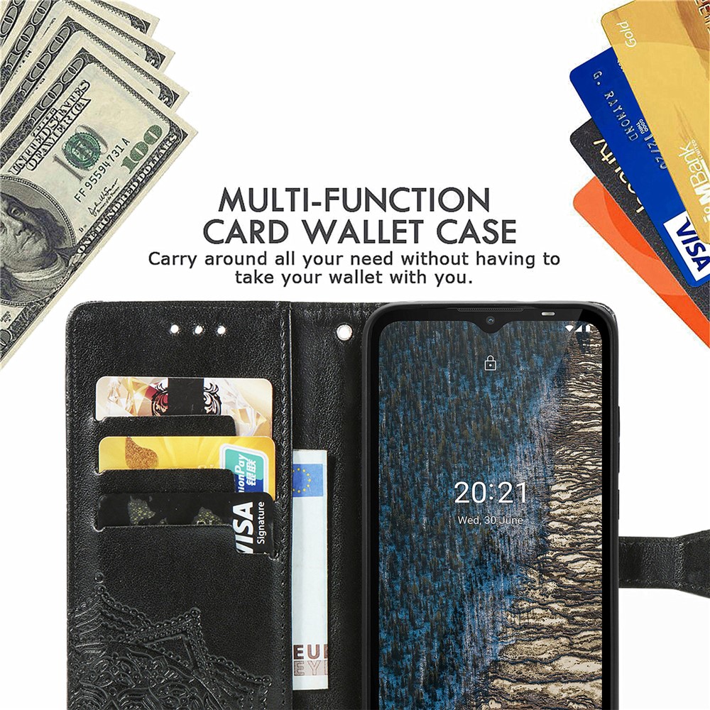 Mandala Flower Embossment Leather Dual-Sided Magnetic Clasp Anti-Drop Wallet Stand Phone Case Protective Cover for Nokia C20 - Black-7