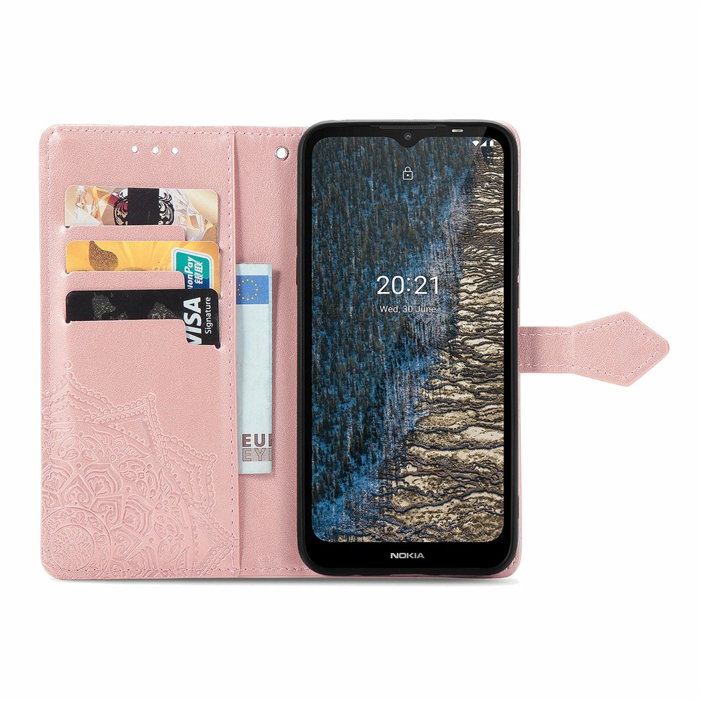 Mandala Flower Embossment Leather Dual-Sided Magnetic Clasp Anti-Drop Wallet Stand Phone Case Protective Cover for Nokia C20 - Rose Gold-4