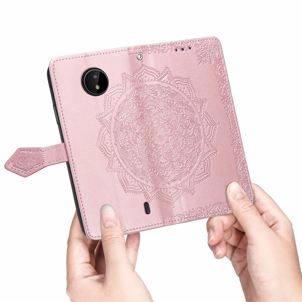 Mandala Flower Embossment Leather Dual-Sided Magnetic Clasp Anti-Drop Wallet Stand Phone Case Protective Cover for Nokia C20 - Rose Gold-6