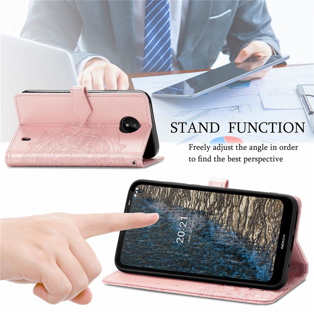 Mandala Flower Embossment Leather Dual-Sided Magnetic Clasp Anti-Drop Wallet Stand Phone Case Protective Cover for Nokia C20 - Rose Gold-7