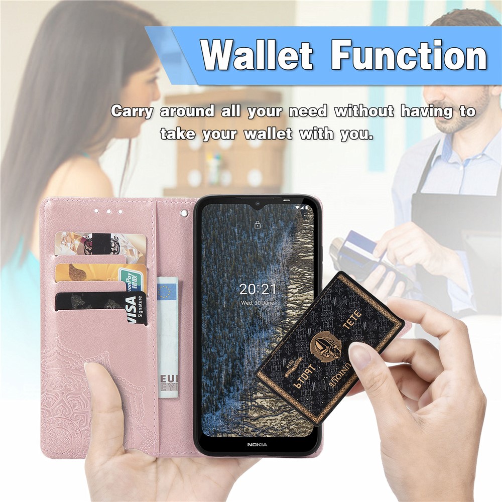 Mandala Flower Embossment Leather Dual-Sided Magnetic Clasp Anti-Drop Wallet Stand Phone Case Protective Cover for Nokia C20 - Rose Gold-8