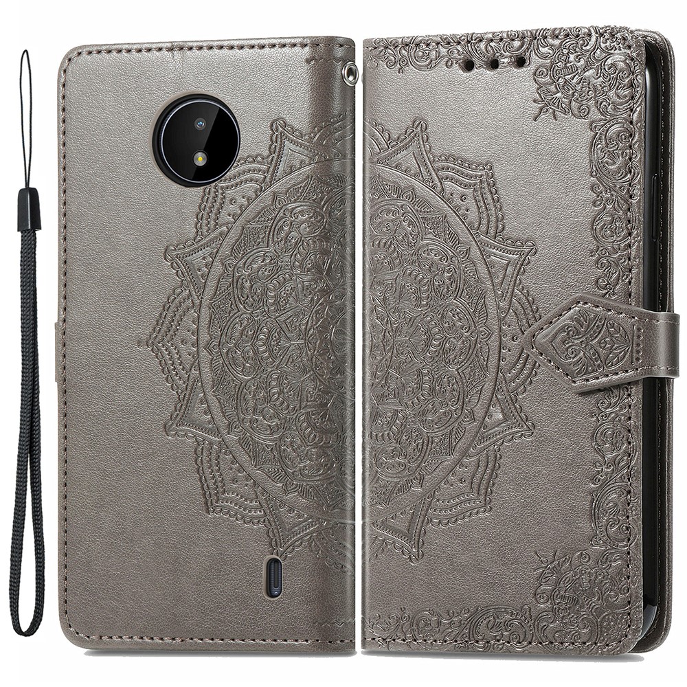 Mandala Flower Embossment Leather Dual-Sided Magnetic Clasp Anti-Drop Wallet Stand Phone Case Protective Cover for Nokia C20 - Grey-1