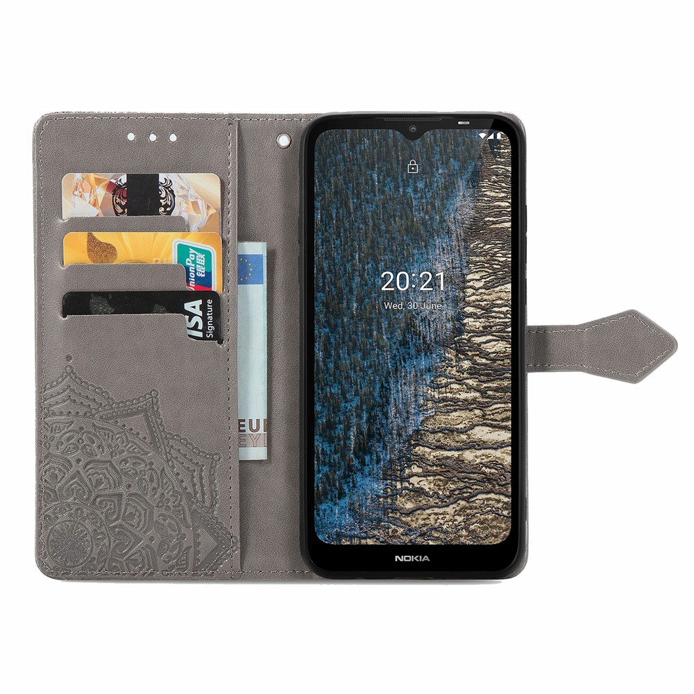 Mandala Flower Embossment Leather Dual-Sided Magnetic Clasp Anti-Drop Wallet Stand Phone Case Protective Cover for Nokia C20 - Grey-4