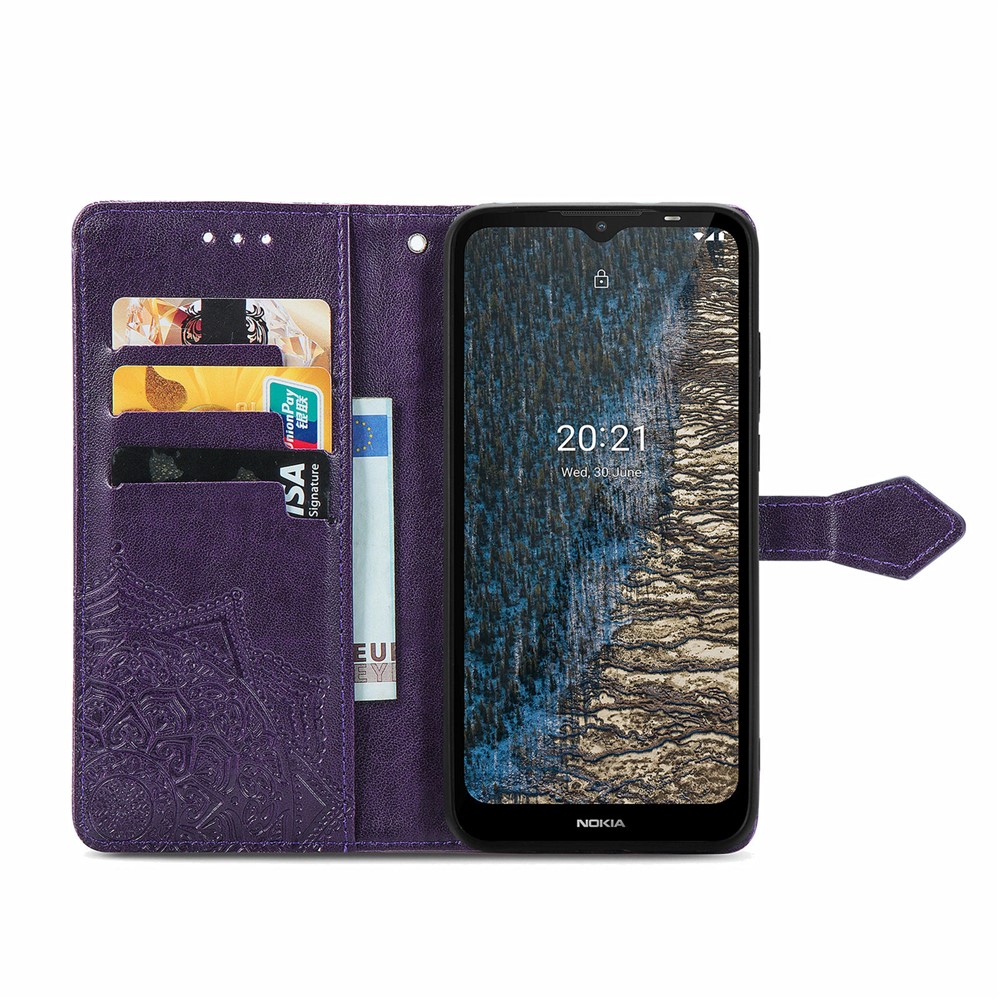Mandala Flower Embossment Leather Dual-Sided Magnetic Clasp Anti-Drop Wallet Stand Phone Case Protective Cover for Nokia C20 - Purple-4