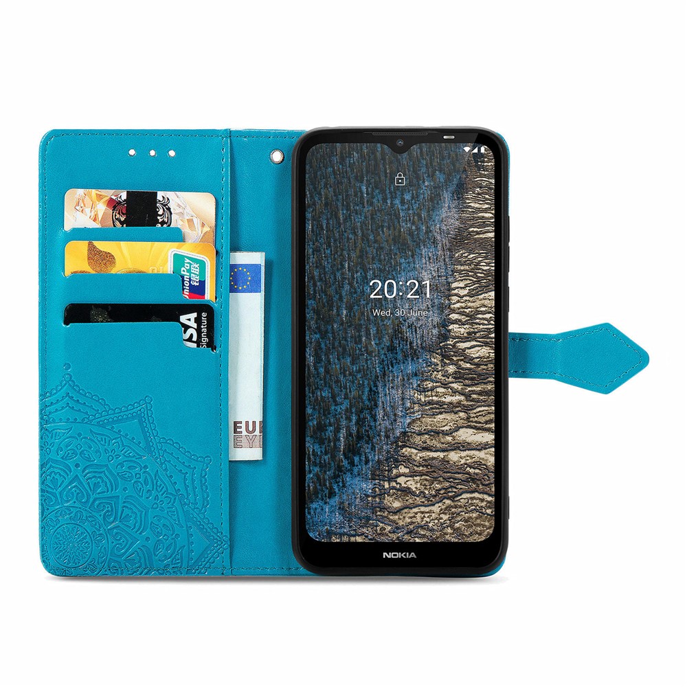 Mandala Flower Embossment Leather Dual-Sided Magnetic Clasp Anti-Drop Wallet Stand Phone Case Protective Cover for Nokia C20 - Blue-4
