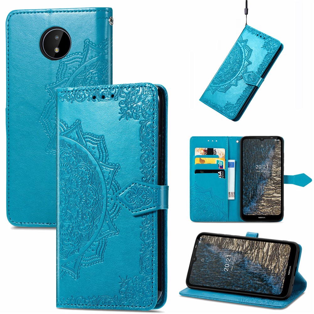 Mandala Flower Embossment Leather Dual-Sided Magnetic Clasp Anti-Drop Wallet Stand Phone Case Protective Cover for Nokia C20 - Blue-6