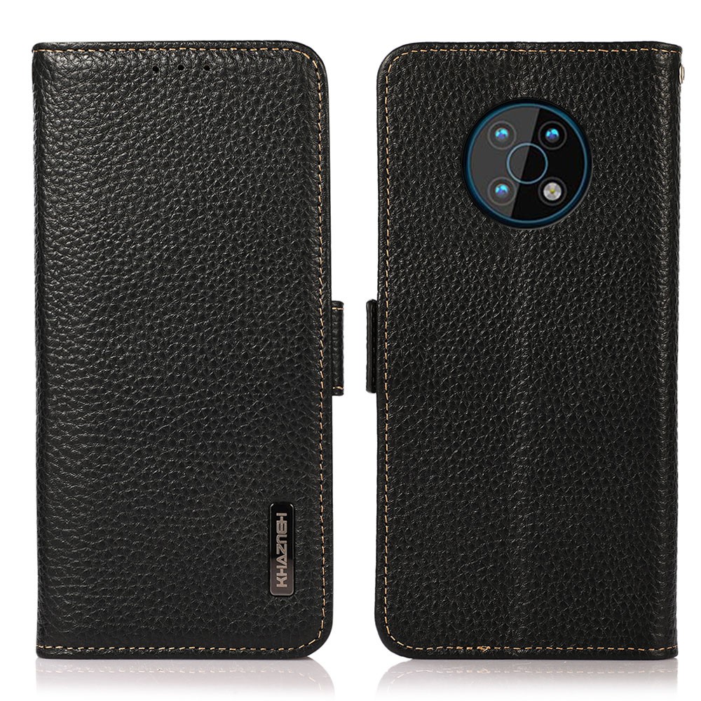 KHAZNEH Litchi Texture RFID Blocking Anti-drop Shockproof Top Layer Genuine Leather Flip Case with Stand for Nokia G50 - Black-1