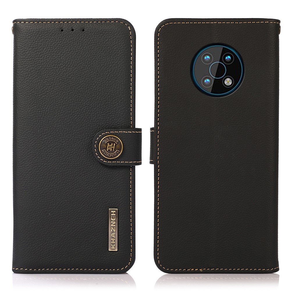 KHAZNEH Top Layer Genuine Leather RFID Blocking Ant-fall Wallet Flip Protective Case with Stand for Nokia G50 - Black-1