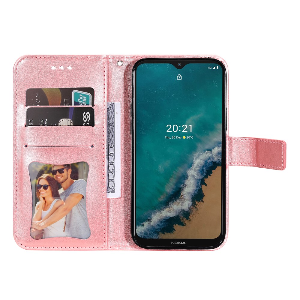 Dual-sided Clasp Phone Cover Imprint Flower Pattern Stylish Anti-fall PU Leather Stand Wallet Shell Case with Lanyard for Nokia G50 5G - Rose Gold-4