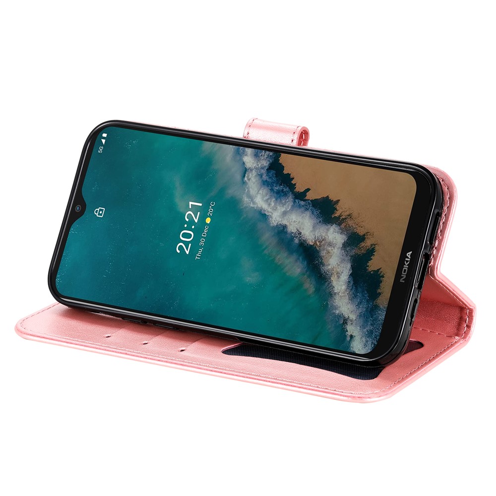 Dual-sided Clasp Phone Cover Imprint Flower Pattern Stylish Anti-fall PU Leather Stand Wallet Shell Case with Lanyard for Nokia G50 5G - Rose Gold-5