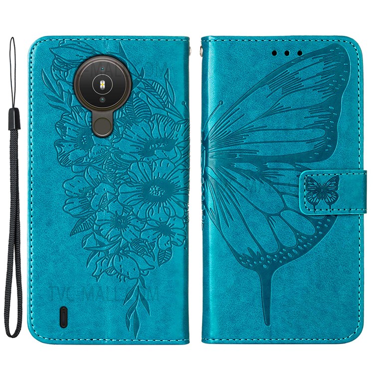 Imprinting Butterfly Flower Pattern PU Leather Stand Wallet Case Phone Cover with Hand Strap for Nokia 1.4 - Blue-1