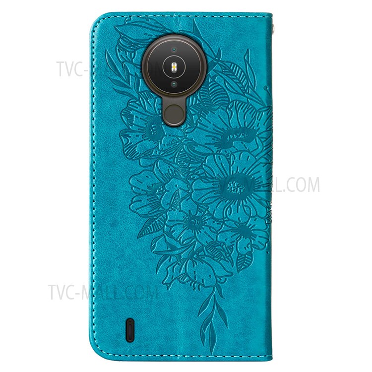 Imprinting Butterfly Flower Pattern PU Leather Stand Wallet Case Phone Cover with Hand Strap for Nokia 1.4 - Blue-3