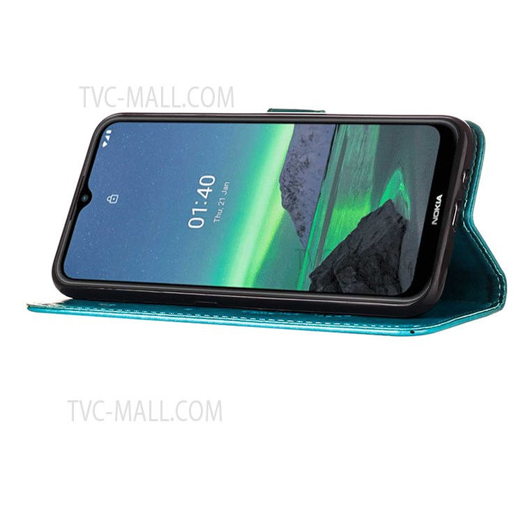 Imprinting Butterfly Flower Pattern PU Leather Stand Wallet Case Phone Cover with Hand Strap for Nokia 1.4 - Blue-4