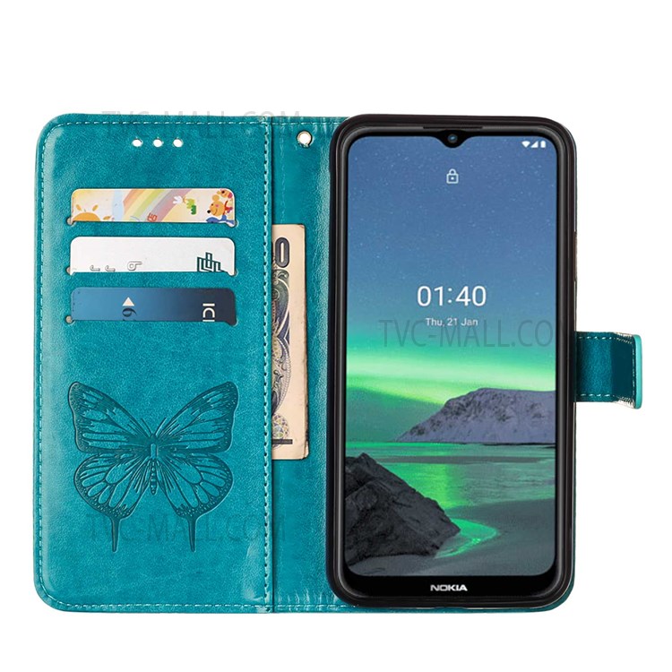 Imprinting Butterfly Flower Pattern PU Leather Stand Wallet Case Phone Cover with Hand Strap for Nokia 1.4 - Blue-6