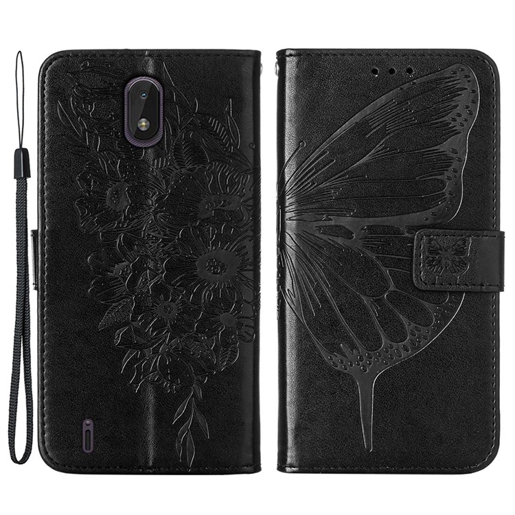 Anti-scratch Function Phone Case Imprinting Big Butterfly Flower Pattern Wallet Mobile Phone Shell PU Leather+TPU Flip Cover for Nokia C01 Plus - Black-1