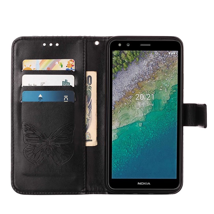 Anti-scratch Function Phone Case Imprinting Big Butterfly Flower Pattern Wallet Mobile Phone Shell PU Leather+TPU Flip Cover for Nokia C01 Plus - Black-4
