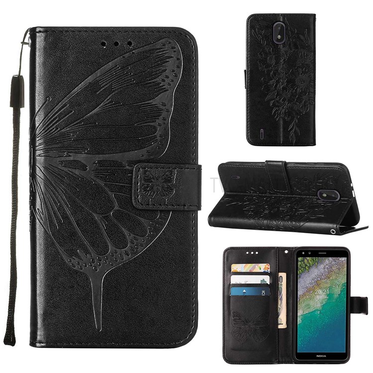 Anti-scratch Function Phone Case Imprinting Big Butterfly Flower Pattern Wallet Mobile Phone Shell PU Leather+TPU Flip Cover for Nokia C01 Plus - Black-7