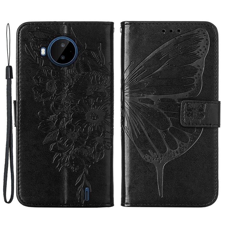 Compatible for Nokia C20 Plus Beautiful Butterfly and Flower Pattern Wallet Mobile Phone Shell PU Leather Surface Stand Phone Cover with Hand Strap - Black-1