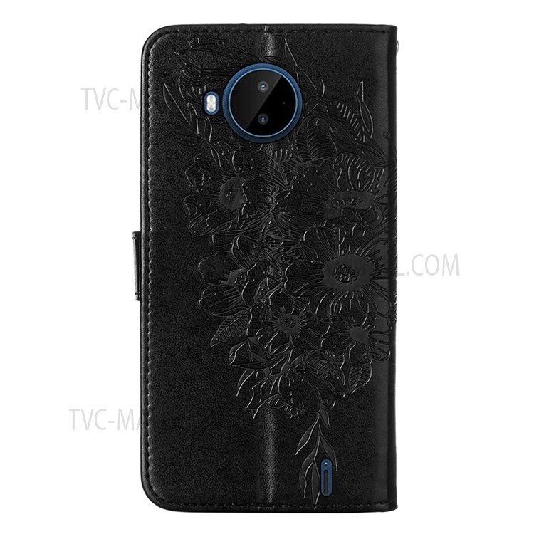 Compatible for Nokia C20 Plus Beautiful Butterfly and Flower Pattern Wallet Mobile Phone Shell PU Leather Surface Stand Phone Cover with Hand Strap - Black-3