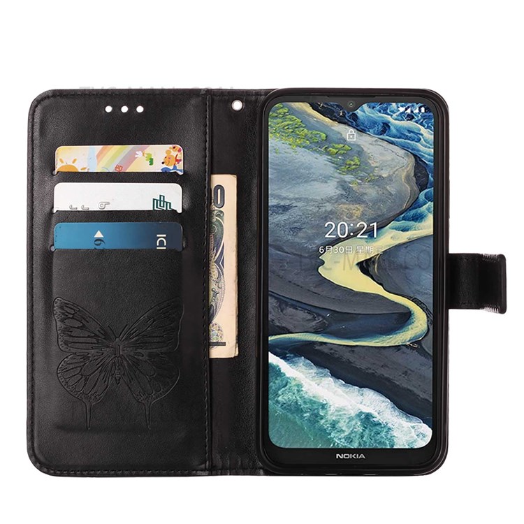 Compatible for Nokia C20 Plus Beautiful Butterfly and Flower Pattern Wallet Mobile Phone Shell PU Leather Surface Stand Phone Cover with Hand Strap - Black-4