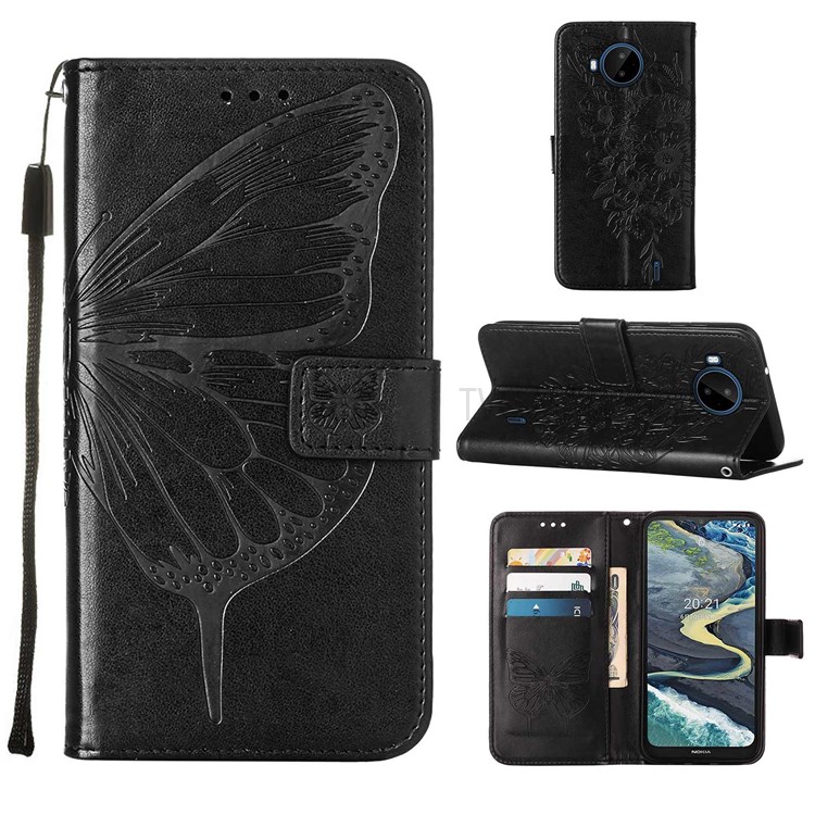 Compatible for Nokia C20 Plus Beautiful Butterfly and Flower Pattern Wallet Mobile Phone Shell PU Leather Surface Stand Phone Cover with Hand Strap - Black-7
