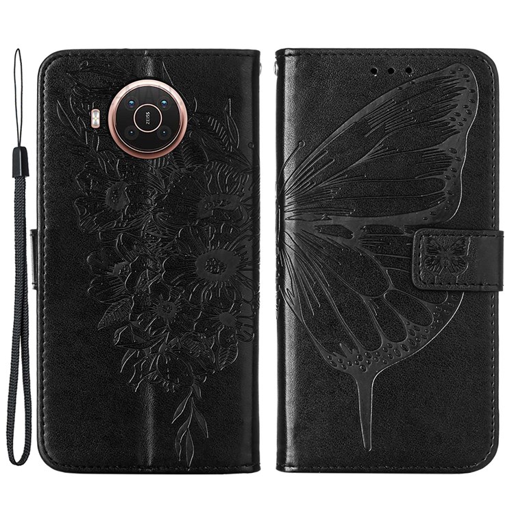 For Nokia X20 / X10 Mobile Phone Shell Imprinting Big Butterfly Flower Pattern Wallet PU Leather Surface Stand Phone Cover with Hand Strap - Black-1