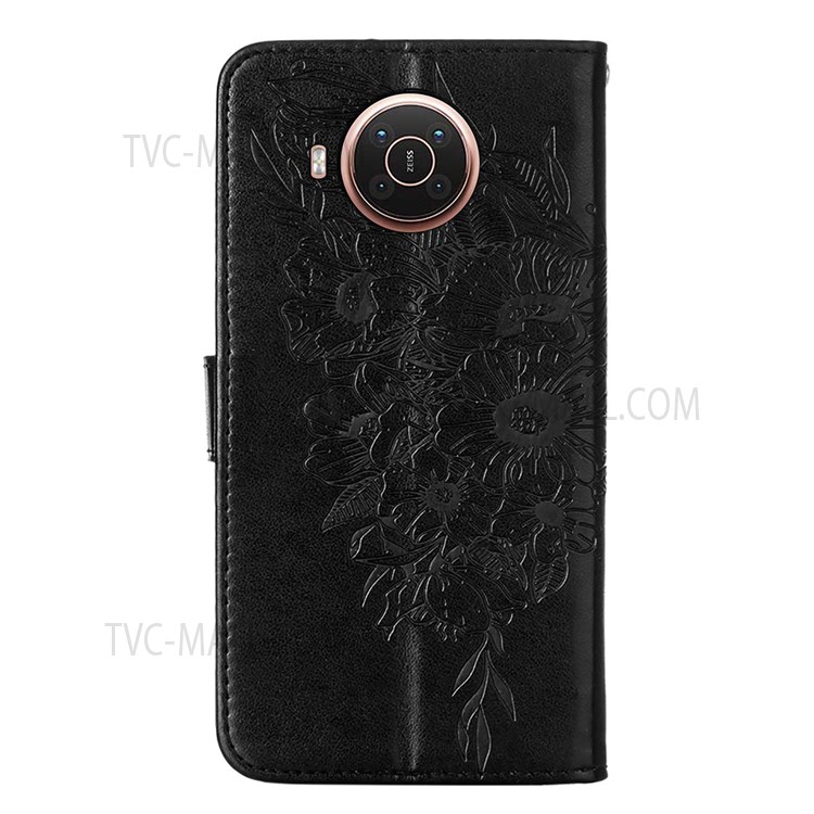 For Nokia X20 / X10 Mobile Phone Shell Imprinting Big Butterfly Flower Pattern Wallet PU Leather Surface Stand Phone Cover with Hand Strap - Black-3