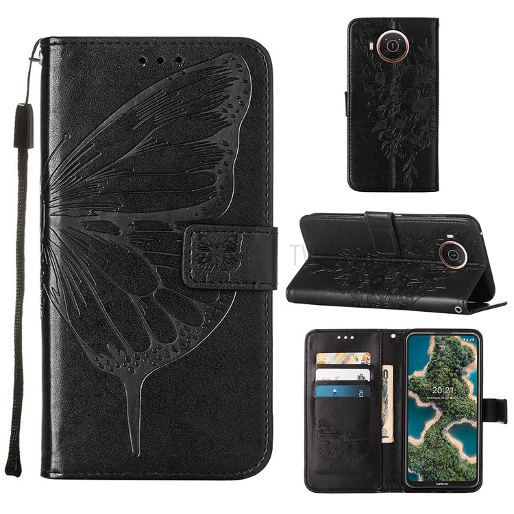 For Nokia X20 / X10 Mobile Phone Shell Imprinting Big Butterfly Flower Pattern Wallet PU Leather Surface Stand Phone Cover with Hand Strap - Black-7